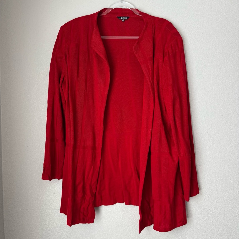 MISOOK‎ Red Open Cardigan Knit Pointelle Jacket 1X Shoulder Pads Vintage